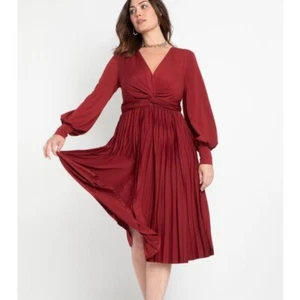 Eloquii Burgundy Long Sleeve Knot Front Midi Dress Pleated Skirt Plus Size 22 - Picture 1 of 9