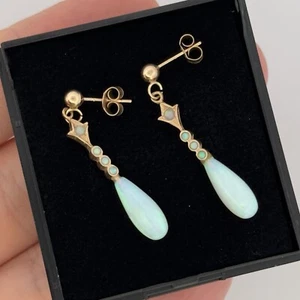 Delicate Lightweight 9ct Yellow Gold Created Opal Drop Dangle Earrings - Picture 1 of 5