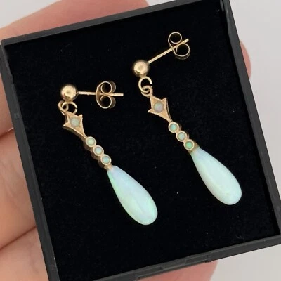 Delicate Lightweight 9ct Yellow Gold Created Opal Drop Dangle Earrings - Image 1 of 4