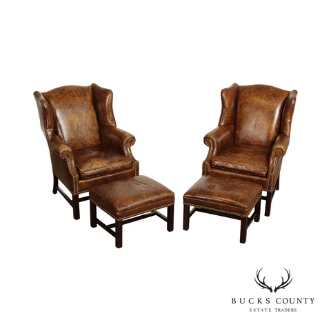 Chippendale Style Vintage Pair Leather Wing Chairs and Ottomans Cover