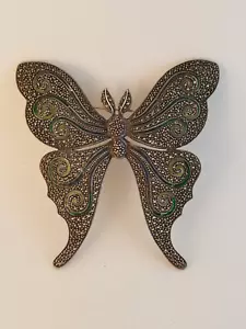 Broche broche mariposa esmalte verde plata esterlina marcasita vintage CFJ 3,5" de alto - Imagen 1 de 12