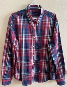 Nautica Red & Navy Blue Plaid Cotton Blend Long Sleeve Shirt size XL - Picture 1 of 3