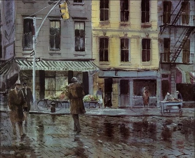 De colección Ray Ellis 1985 impresión East Side in Rain arte callejero de la ciudad de Nueva York acuarela  Foto 1 de 3