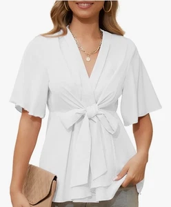 Women’s V-Neck Peplum Tops Tie Waist Wrap Blouse Short Sleeve White XL. New - Picture 1 of 3