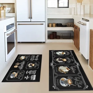 Black Coffee Kitchen Rugs and Mats Set of 2 Coffee Cup Latte Mocha Art Decora... - Bild 1 von 7