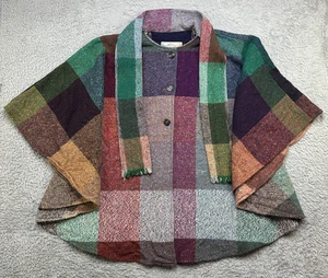 Vintage Donegal Sweater One Sz 100% Wool Ireland Plaid Shawl Cape Cardigan Knit - Picture 1 of 7