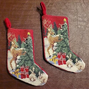 L.L. BEAN Set Of 2 Miniature Needlepoint Christmas Stockings With Reindeer - Picture 1 of 11