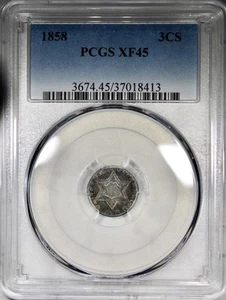 1858 Three Cent Silver PCGS XF45 Circulated Type Coin Crusty Toned - Picture 1 of 2