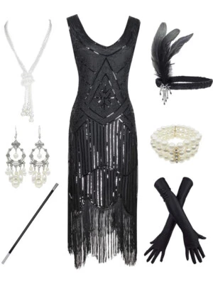 Vestido Gatsby Años 20 Lentejuelas Flecos Paisley Aleta con Accesorios Años 20 Conjunto XL Foto 1 de 4