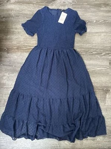 Women Boho Floral Flowy Midi Dress Ladies Summer Holiday Beach Swing SZ S Navy - Picture 1 of 7