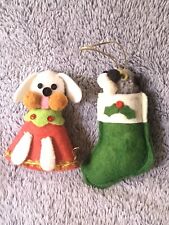 2 Vtg Felt Christmas Ornaments1982 stocking goggle eye dog & Gold Ric Rac mouse