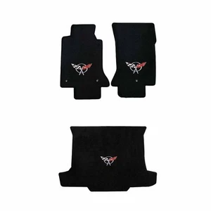 1998-2004 C5 Corvette Convertible Black Floor & Trunk Mat Set Silver Flags Logos - Picture 1 of 2