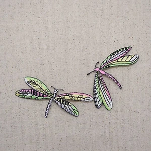 Iron On Embroidered Applique Patch Two Lime Pink Dragonfly Dragonflies - Picture 1 of 1