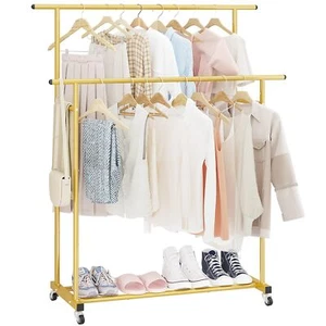 Double Rod Rolling Garment Rack Portable Clothes Organizer Gold Bedroom Store - Picture 1 of 9
