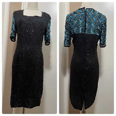 VINTAGE STENAY WOMEN'S BLACK BLUE SHORT SLEEVE SILK SEQUINS SHEATH DRESS 6 - Image 1 of 4