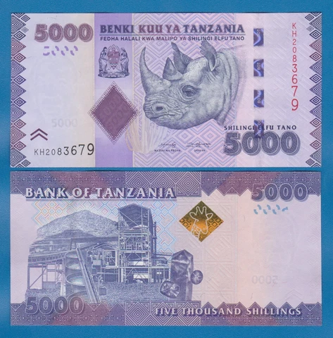 Tanzania 5000 Shilingi P 43c New 2020 UNC ( P 43 c ) Rhino African Rhinoceros Cover