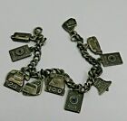 Vintage Sterling Silver Bell Tel Bracelet 7" 30 gm 10 charms