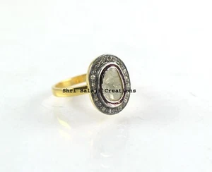 Natural Diamond Polki Rosecut Diamond 925 Sterling Silver Gold Plated Ring - Picture 1 of 3
