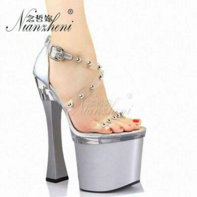 Sexy Mujer Sandalias de Plataforma Plateadas Vestido Hebilla Zapatos Sexy 18Cm Tacones Altos Foto 1 de 4