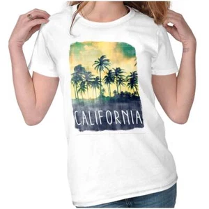 Retro California Watercolor Beach Palm Trees Womens Top Junior Graphic Tee - Picture 1 of 7
