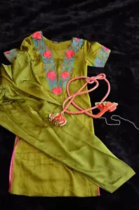 100% Silk Pakistani Indian Shalwar Kameez Embroidered Green Pink XS-S New 3 pc - Picture 1 of 8