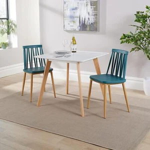Dining Table Set 80cm White Top Wooden Legs 2 Geometric Teal Kitchen Chairs - Picture 1 of 12