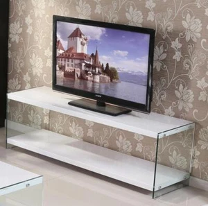 Clear Glass & White Gloss TV Unit W160cm x D45cm x H50.5cm MALAGA - Picture 1 of 5