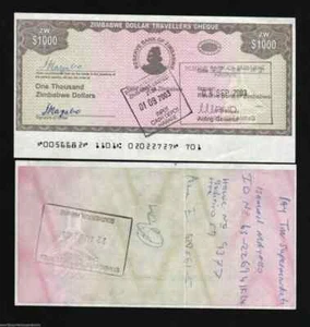 Zimbabwe 1000 DOLLARS P-15 2003 Travellers Cheque Used Zimbabwean Currency NOTE - Picture 1 of 6