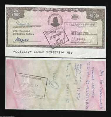 Zimbabwe 1000 DOLLARS P-15 2003 Travellers Cheque Used Zimbabwean Currency NOTE - Image 1 of 4
