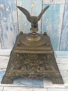 Antiker Messing Tintenständer-Scharnierdeckel-Adler gekrönt-grüner Mann Motive-Glaseinsatz-22cm - Bild 1 von 24