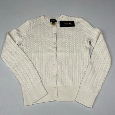 Polo Ralph Lauren Niñas XL (16) Tejido con Cable Blanco Botón Cárdigan Suéter Foto 1 de 4
