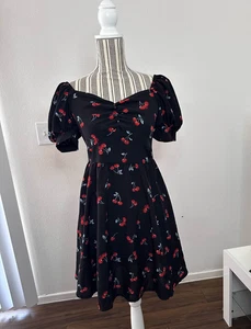 Black Cherry Pattern Puff Sleeve Fit and Flare - Baby Doll - Small Shein Dress - Picture 1 of 2