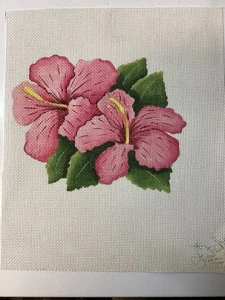 Stitches ~ Hibiscus Flowers ~ Original Hand Painted Needlepoint Canvas - Picture 1 of 5