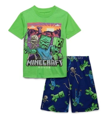 Minecraft Movie Pajamas Set Shorts Shirt Boys Girls Kids Creeper Zombie Skeleton - Image 1 of 3