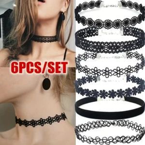 6pc Choker Necklace Set Black Velvet Classic Women Chain Collar Lace Stretchy - Picture 1 of 2