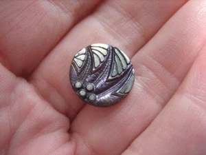 Vintage Small 1/2" Black Glass Button with Silver and Purple Luster - W15 - Picture 1 of 6