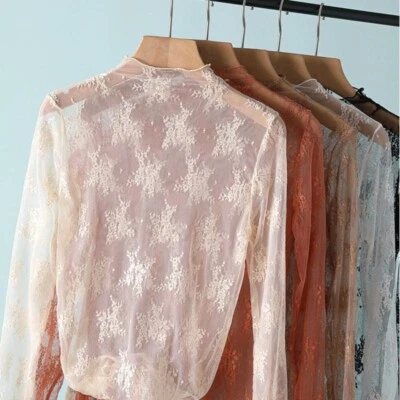 Donna Floreale Trasparente Pizzo T Camicia Camicetta Finto Collo Manica Lunga - Immagine 1 di 4