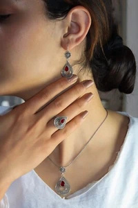 Filigree Triple Jewelry Set Made of Sterling Silver, Necklace, Earrings, Ring - Picture 1 of 5