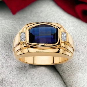 Lab Blue Sapphire With 925 Sterling Silver Gold Plated Ring For Men's #AL307 - Picture 1 of 8
