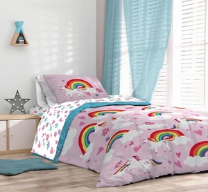 Sunny Side Up Rainbow Unicorns Full Comforter Set - 7 Piece Kids Bedding Include - Picture 1 of 3