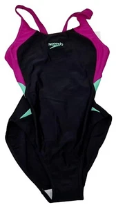 SPEEDO Womens One Piece Swimming Costume Black Purple Mint Green UK 12 T - Picture 1 of 5