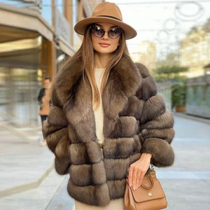 Winter Damen Natur Mantel Echtpelz Zobel Echt Fuchspelzmantel Revers Jacken - Bild 1 von 6