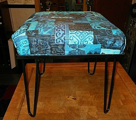 MCM Vintage Hairpin Leg Ottoman Hassock Vintage Vinyl Seat Turquoise Black Blue Cover