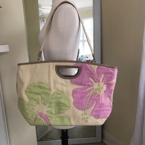 Liz Claiborne Large Hibiscus Patch Floral Canvas Tote Bag Purse Crossbody Tote - Picture 1 of 13