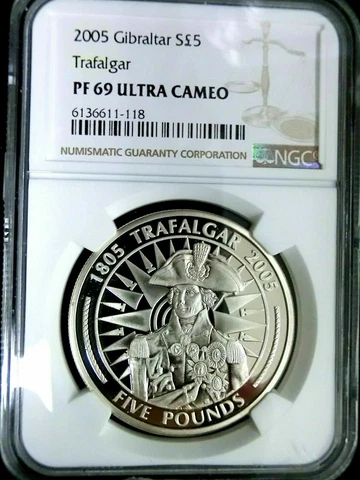 Gibraltar 2005 Battle of Trafalgar Silver 5 Pound Almost Perfect NGC PF69 Cover