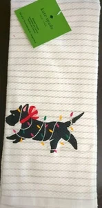 New Kate Spade Set Of 2 Scottie Dog Christmas Lights Cotton Kitchen Dish Towels - Picture 1 of 3