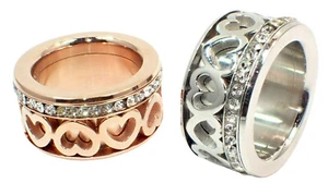 Anello Acciaio Inox da Donna 12 MM Rosa Argento Nastro Amicizia Zirconia Cuori - Picture 1 of 5