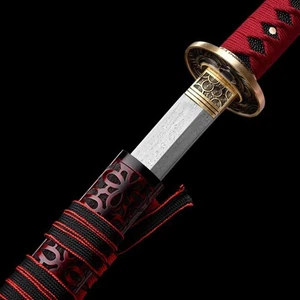 Handmade Japanese Samurai Sword Katana Damascus Steel Red Carved Wood Saya - Picture 1 of 10