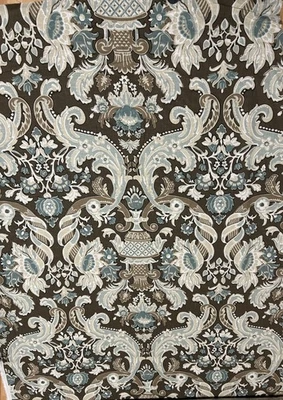 BALLARD DESIGNS DAFNE CHOCOLATE BROWN DAMASK FLORAL 100% LINEN  54"W Drap Kravet - Image 1 of 4