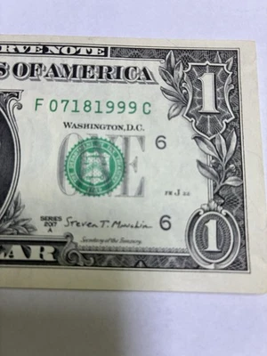 Birthday note $1  Bill 07/18/1999 Serial Number F 07181999 C July 18 1999 - Image 1 of 4